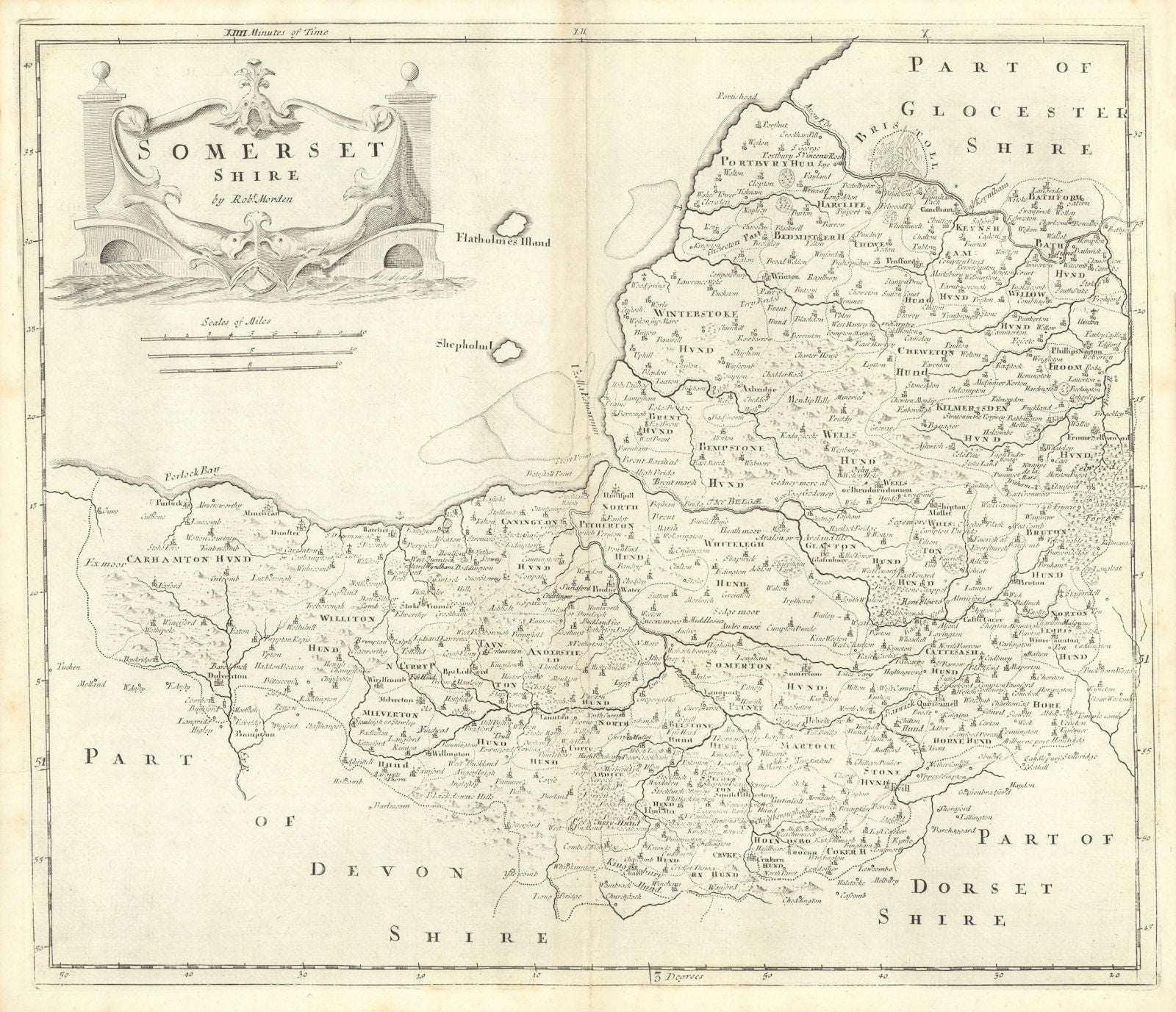 SOMERSET SHIRE by ROBERT MORDEN from Camden's Britannia. Bristol plan 1722 map